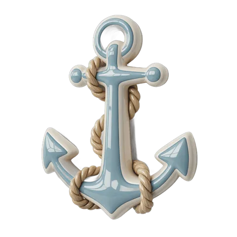 3d cartoon style ceramic anchor graphic element with rope for nautical decor and branding PNG