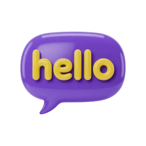 3d cartoon style glossy purple speech bubble with yellow hello text isolated transparent background clipart PNG