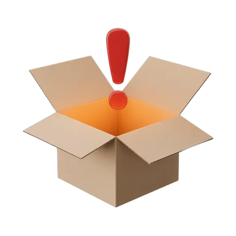 3d cartoon style open box with red exclamation point graphic element for alerts and notifications PNG