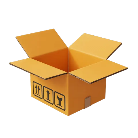 3d cartoon style rendering of an empty orange delivery shipping box with handling icons PNG