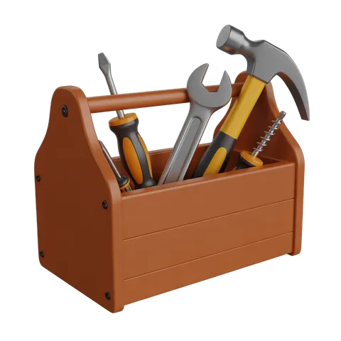 3d cartoon toolbox with hammer wrench and screwdrivers isolated on transparent background for graphic design PNG