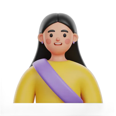 3d cartoon woman with long hair smiling wearing yellow top and purple strap for app icons and illustrations PNG