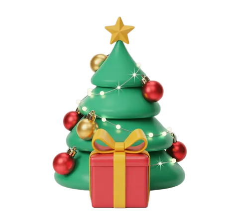 3d christmas tree with gift box and baubles for holiday marketing graphics PNG