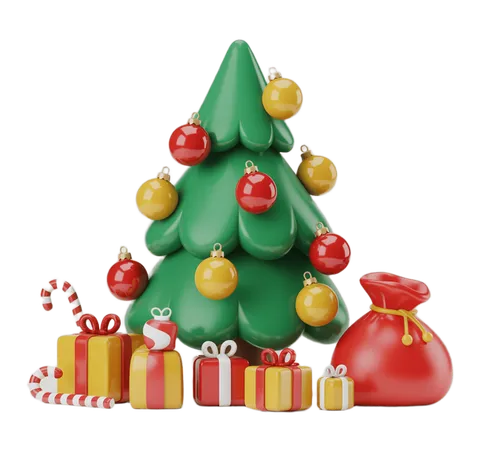 3d christmas tree with gifts and baubles for holiday marketing graphics PNG