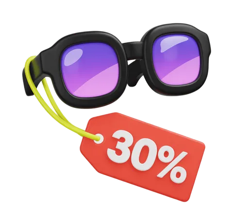 3d clipart glasses with yellow strap showing thirty percent discount sale tag for online store promotions PNG