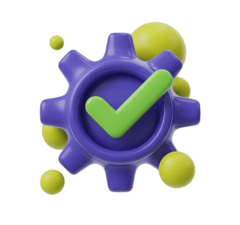 3d gear icon with green checkmark symbol for approval success confirmation clipart PNG