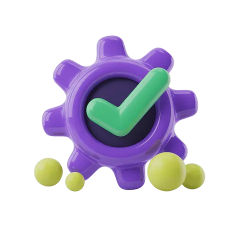 3d gear icon with green checkmark symbol for success approval confirmation and validation PNG