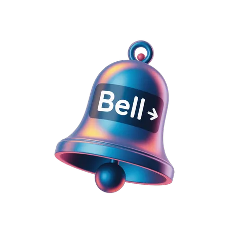 3d notification bell icon with arrow graphic element for alerts and reminders PNG