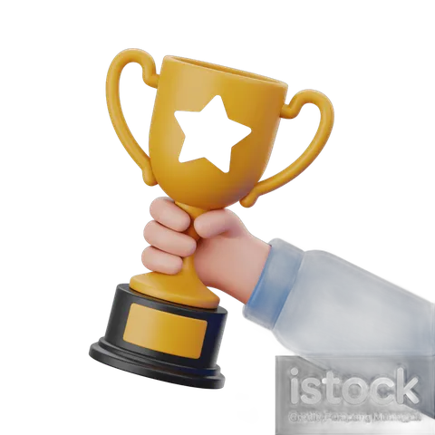 3d trophy cup with star design held by hand for achievement award celebration graphics PNG