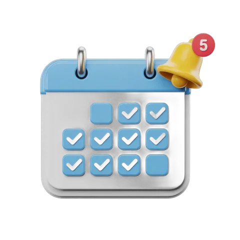 5 tasks completed digital calendar icon with notification bell for productivity and reminders PNG