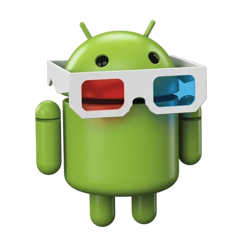 Android mascot wearing 3D red blue anaglyph glasses for 3D movie effect clipart PNG