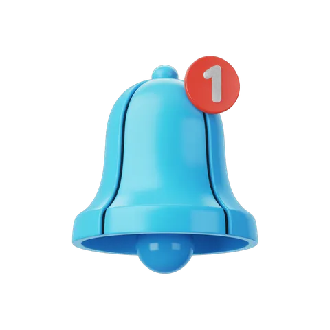 Blue notification bell icon with number one badge for alerts and priority messages PNG