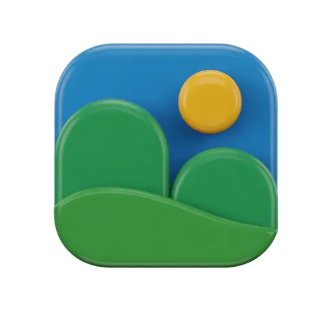 Bright 3d clipart icon of green hills and blue sky with yellow sun for app design and presentations PNG