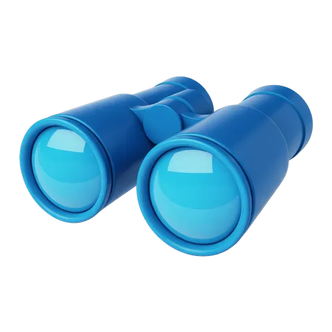Bright blue 3d cartoon binoculars graphic for travel adventure and exploration marketing designs PNG