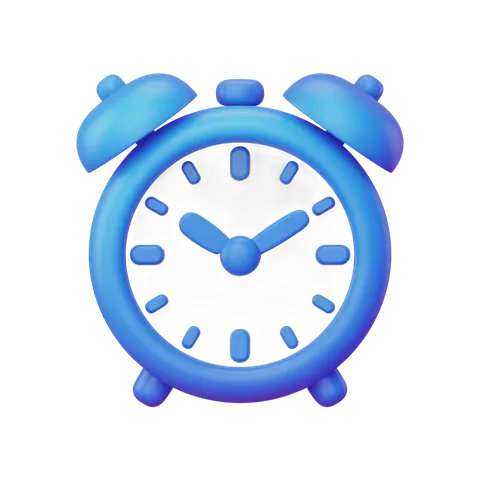 Bright blue alarm clock illustration for productivity and time management graphics PNG