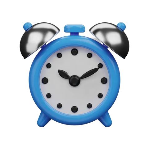 Bright blue alarm clock with black hands and bells isolated on transparent background for digital design PNG