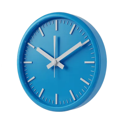 Bright blue analog clock with white hands and numbers for modern office or home decor PNG