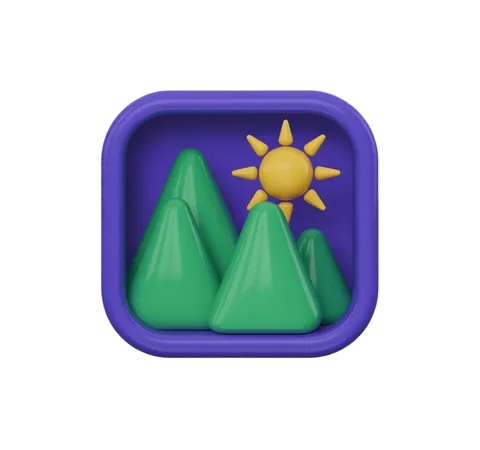 Bright cheerful 3d mountain landscape icon with sun for travel presentations and website graphics PNG