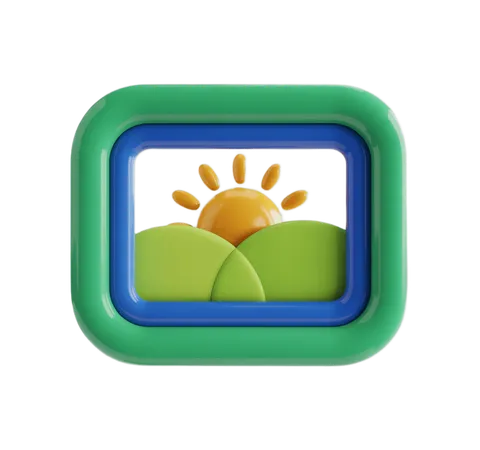 Bright cheerful sunrise over green hills through a colorful picture frame clipart PNG