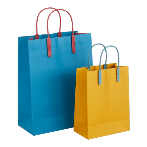 Bright colored shopping bags with handles for retail packaging and branding designs PNG
