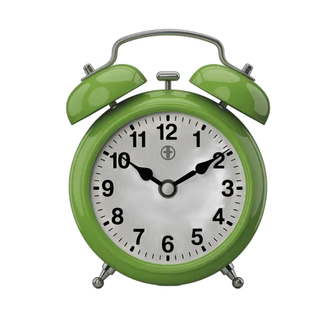 Bright green vintage alarm clock illustration for time management and productivity designs PNG