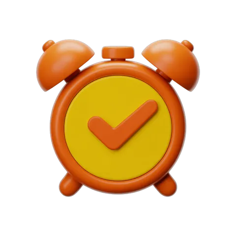 Bright orange alarm clock with checkmark symbol for success and productivity timers PNG