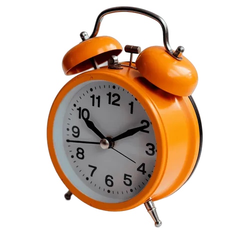 Bright orange alarm clock with loud bell for time management and productivity graphics PNG