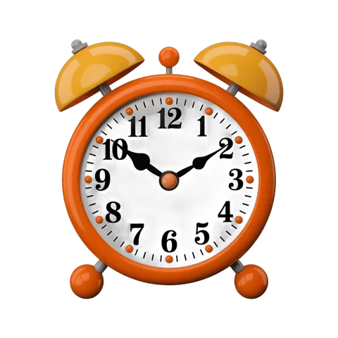 Bright orange alarm clock with yellow bells isolated on transparent background for graphic design PNG