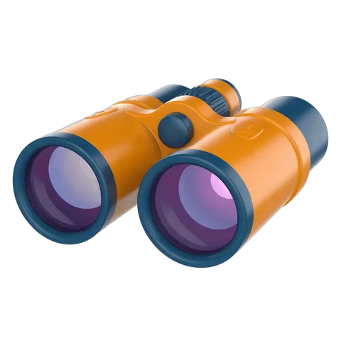 Bright orange binoculars with purple lenses for outdoor adventure and nature exploration PNG