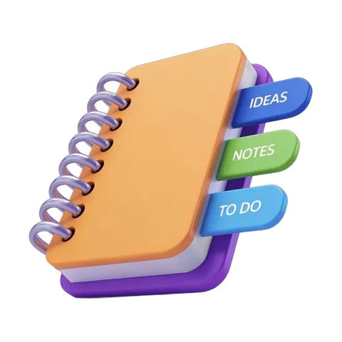 Bright orange spiral notebook with ideas notes and to do color coded tabs for productivity PNG