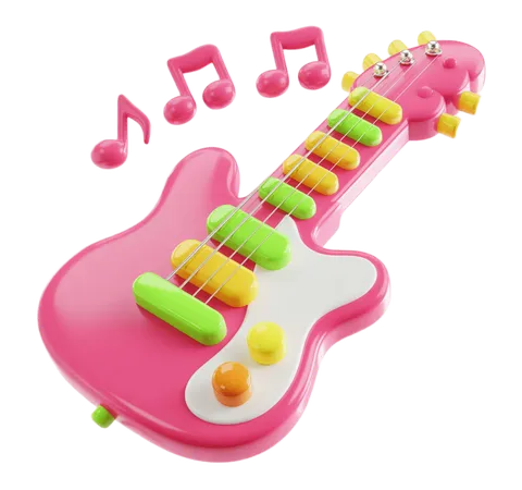 Bright pink toy electric guitar with colorful buttons and musical notes for kids educational materials PNG
