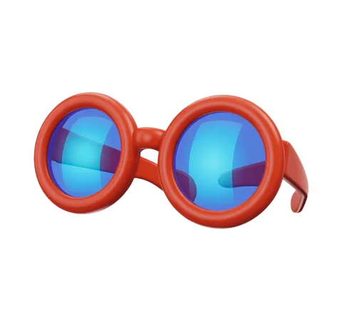 Bright red 3d clipart sunglasses with blue mirrored lenses for summer fashion graphics and ads PNG