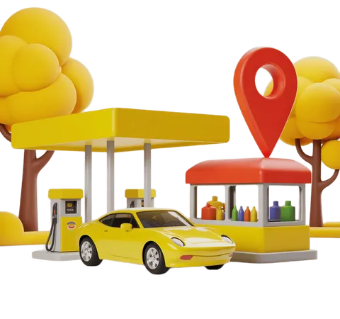 Bright yellow 3d gas station with car refueling and convenience store for travel and road trip illustrations PNG