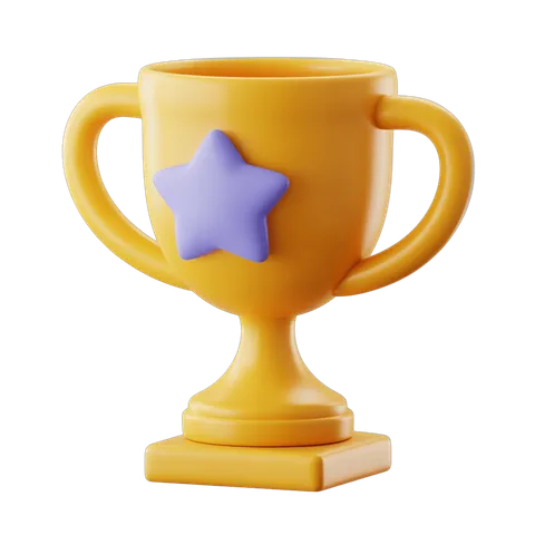 Bright yellow 3d trophy cup with purple star graphic element for awards ceremonies and achievement badges PNG