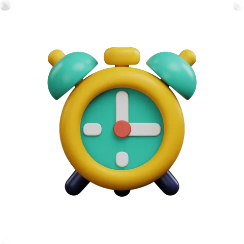 Bright yellow and teal alarm clock illustration for digital marketing and educational materials PNG