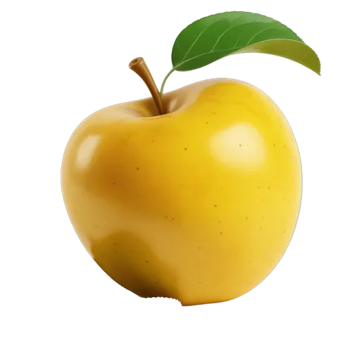 Bright yellow apple with green leaf isolated on transparent background for food graphics and illustrations PNG
