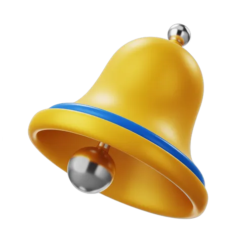 Bright yellow bell with blue stripe and silver clapper for notifications alerts and alerts icons PNG
