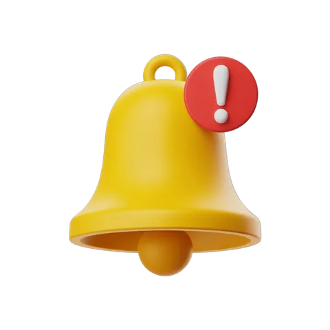 Bright yellow bell with exclamation mark alert icon isolated transparent background clipart PNG