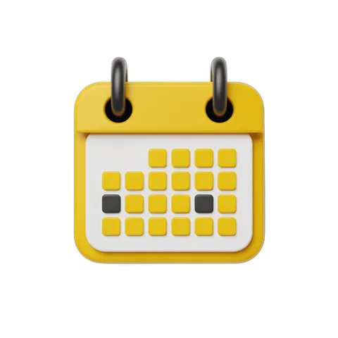 Bright yellow calendar clipart with two marked dates for planning and scheduling events PNG