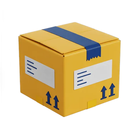 Bright yellow delivery box with blue tape and arrows for shipping and ecommerce graphics PNG