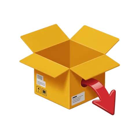 Bright yellow delivery box with red arrow pointing down for download or shipping concept PNG