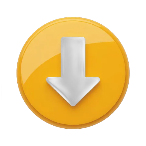 Bright yellow download arrow icon with metallic silver point for app buttons and user interface design PNG
