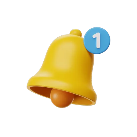 Bright yellow notification bell icon with number one badge for ranking or priority alerts PNG