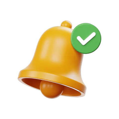 Bright yellow notification bell with checkmark icon for success approval alerts and confirmations PNG