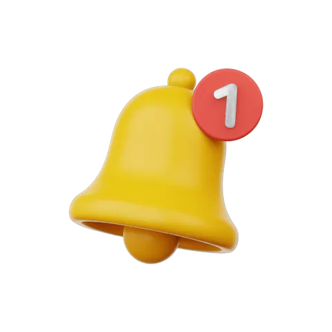 Bright yellow notification bell with number one badge for alerts and priority messages PNG