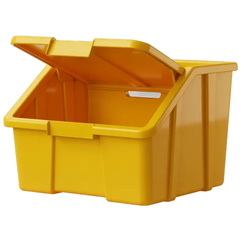 Bright yellow plastic storage bin with lid for office organization and warehouse use PNG