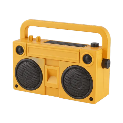 Bright yellow portable boombox clipart for retro music illustrations and designs PNG