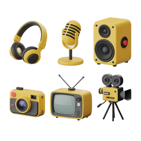 Bright yellow retro media equipment set for creative presentations and podcasting PNG