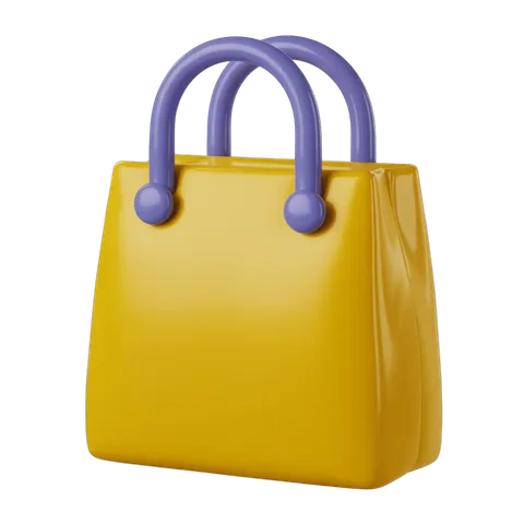 Bright yellow shopping tote bag with purple handles isolated clipart for ecommerce website design PNG