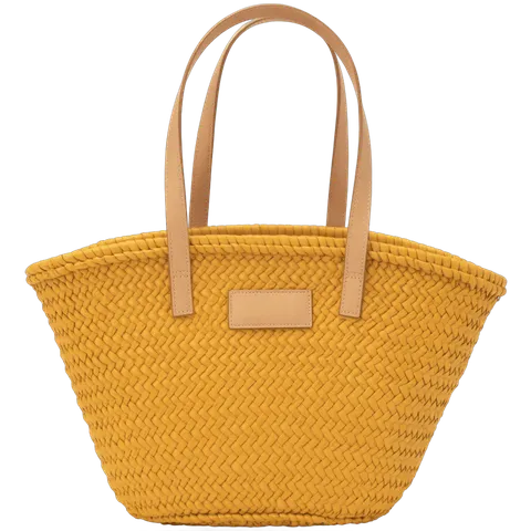 Bright yellow woven beach tote bag with tan leather handles for summer vacation shopping and travel PNG